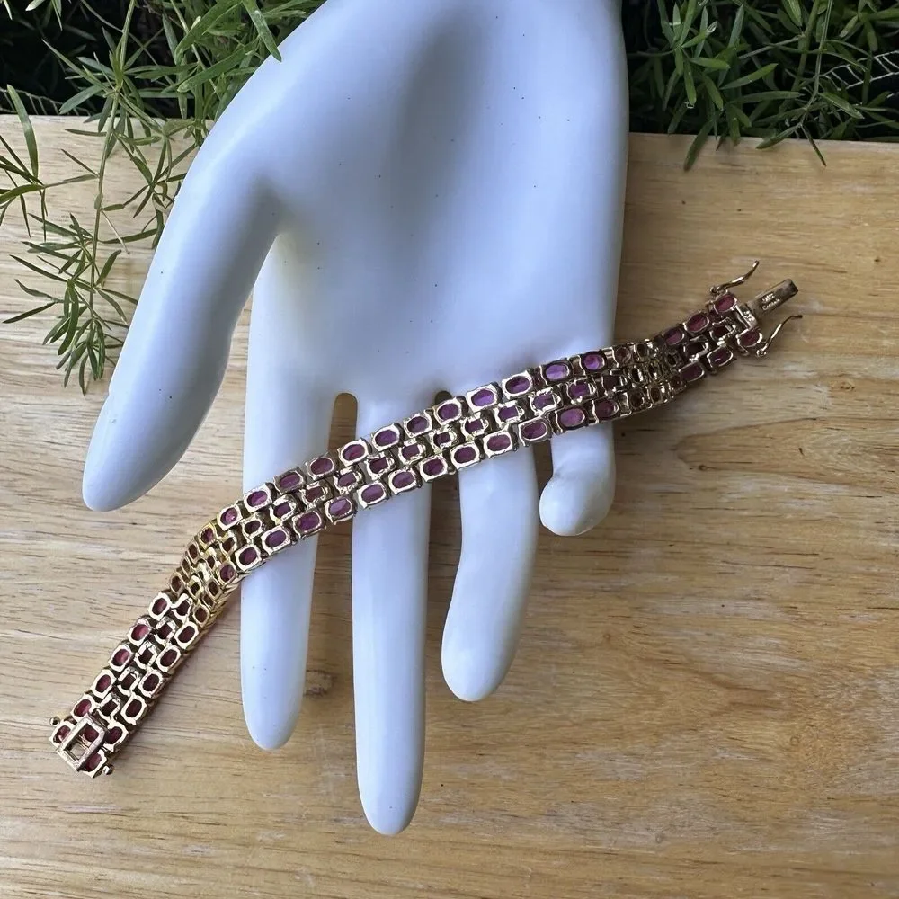 Link Bracelet Lab Pink Sapphires 3 Tier Size 7 Gold Plated Sterling Silver 42.7g